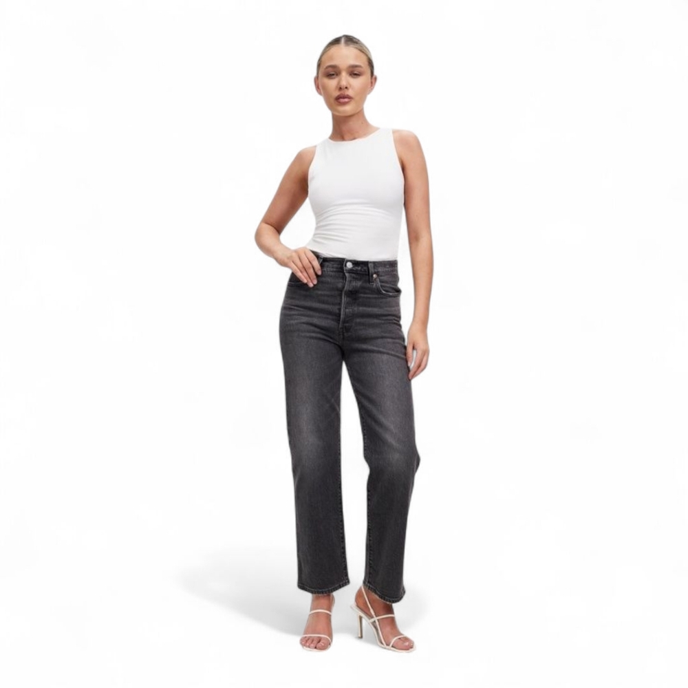 Levi’s Iconic Ribcage High Rise Straight Leg Jeans Black Denim Sz 27 - Picture 3 of 16